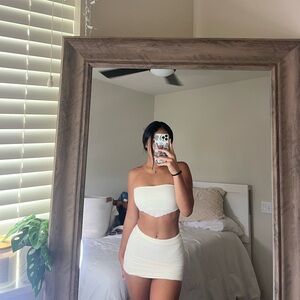 white bandeau and skirt set